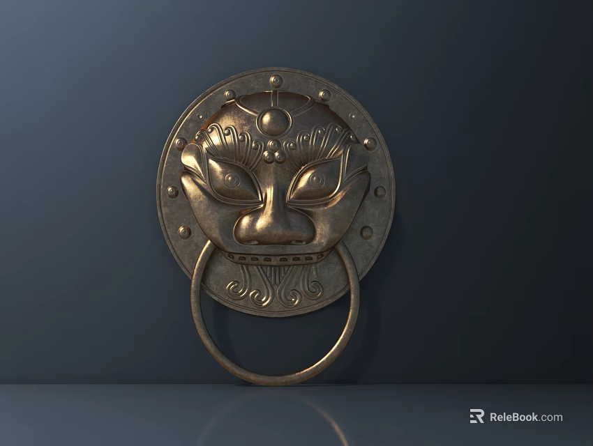 Decorative Brass Lion Head Door Handle With Vintage Ring Knocker Design 3d model 