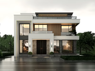 Modern Rural Self built House Exterior Design With Large Glass Windows And Wooden Accents 3d model