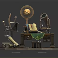 Vintage Work Desk With Round Mirror Magnifying Glass Open Books Scrolls And Small Stool