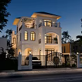 Elegant Modern Detached Villa Exterior With Illuminated Iron Gate Garden And Palm Trees