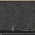 Dark Background Wall With Mountain Texture Light Lines Vertical Text White Pillars Green Plants Stones