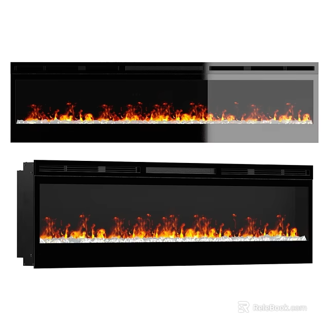 Modern Black Electric Fireplace With Realistic Flame Effect And White Stone Decor 3d model 
