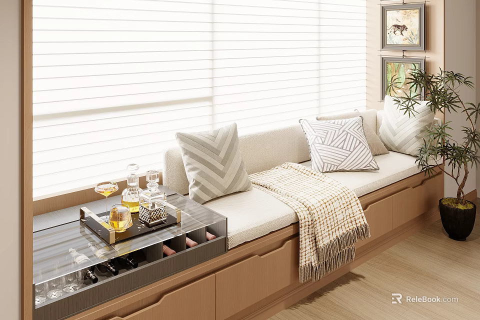 Cozy Bay Window With Geometric Pillows Knitted Blanket Tray Table Wine Glasses Blinds And Plant 3d model 