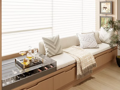 Cozy Bay Window With Geometric Pillows Knitted Blanket Tray Table Wine Glasses Blinds And Plant 3d model