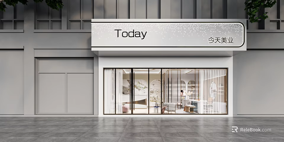 Modern Today Beauty And Hair Salon Storefront With Glass Doors And Stylish Interior 3d model 