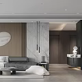 Modern Living Dining Room Interior With Gray Sofa Blue Accent Chair And Scenic Window View