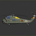 Green Military Helicopter with Blue Windows Yellow Markings and Rotors on Reflective Surface