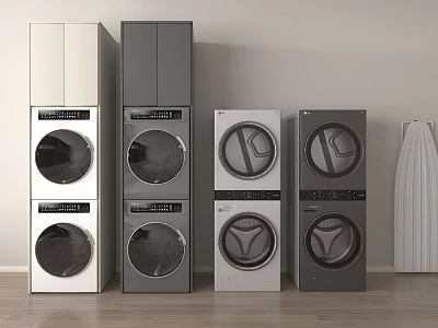 Modern Stackable Washing Machines In White And Gray Colors With Sleek Home Interior Design 3d model