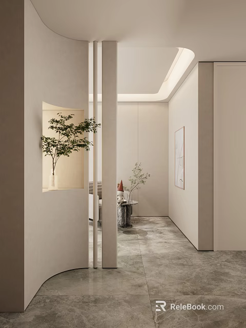 Modern Entryway Corridor Interior Design With Light Beige Walls Potted Plants And Decorative Painting 3d model 