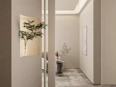 Modern Entryway Corridor Interior Design With Light Beige Walls Potted Plants And Decorative Painting 3d model