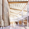 Cultural Center Interior With Atrium Greenery Columns Multiple Floors Balconies And Natural Light