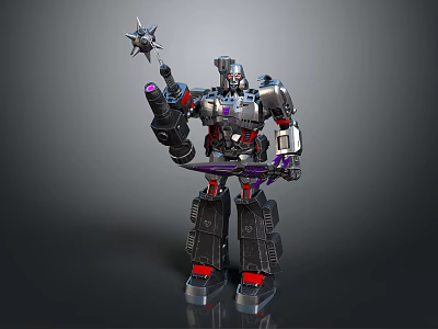 Mechanical Robot Character Holding Spiked Mace With Metallic Armor And Red Feet 3d model