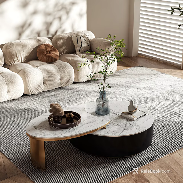 Modern Living Room Coffee Table With Marble Top Gold Legs Decorative Vase And Green Plants 3d model 