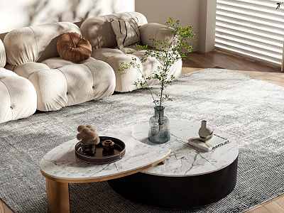 Modern Living Room Coffee Table With Marble Top Gold Legs Decorative Vase And Green Plants 3d model