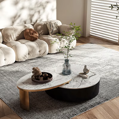 Modern Living Room Coffee Table With Marble Top Gold Legs Decorative Vase And Green Plants 3d model