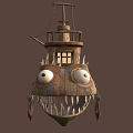 Fish Shaped Sailboat With Large Eyes Sharp Teeth Rusty Metal Small Windows Chimney And Lifebuoy