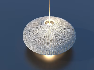 White Wicker Round Pendant Light Hanging Against Dark Background With Glowing Light And Shadow Effect 3d model