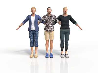 Three Men Standing With Arms Outstretched In Different Casual Outfits 3d model