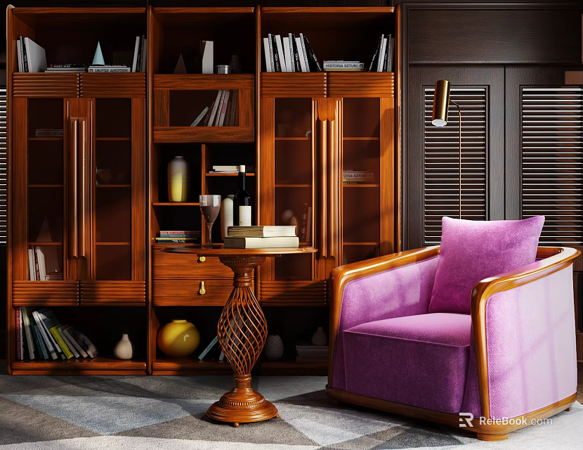 Classic Wooden Bookcase Interior With Glass Doors Open Shelves And Purple Armchair 3d model 