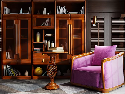 Classic Wooden Bookcase Interior With Glass Doors Open Shelves And Purple Armchair 3d model