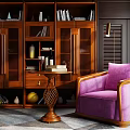 Classic Wooden Bookcase Interior With Glass Doors Open Shelves And Purple Armchair