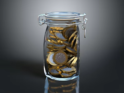 Clear Glass Jar With Metal Clasp Filled With Golden And Silver Coins 3d model