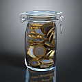 Clear Glass Jar With Metal Clasp Filled With Golden And Silver Coins