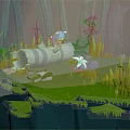 Cartoon Scene Featuring Blue Animal on Log Green Grass Trees Red Flowers and Glowing Lights