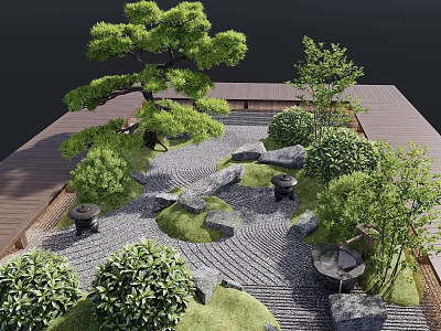 Japanese Courtyard Garden With Zen Rock Arrangement Moss Covered Areas And Pine Trees 3d model
