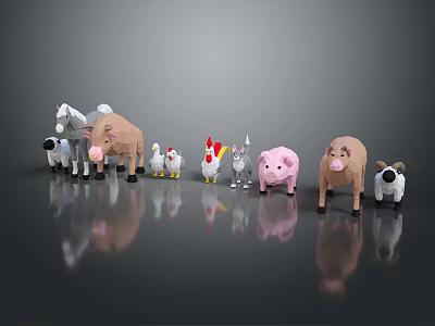 Farm Animal Character Models Including Pig Chicken Sheep Horse Standing On Reflective Surface 3d model
