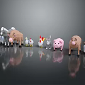 Farm Animal Character Models Including Pig Chicken Sheep Horse Standing On Reflective Surface
