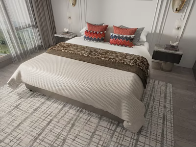 Elegant Double Bed With White Quilt Brown Throw Blanket And Geometric Pillows On Striped Rug 3d model