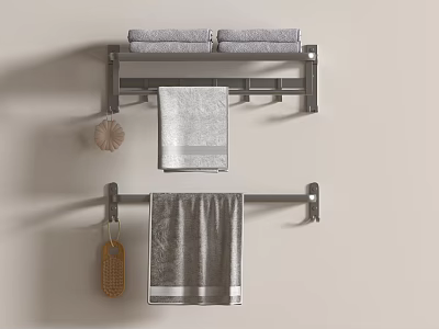 Wall Mounted Bathroom Shelf With Gray Towels And Wicker Basket Storage 3d model