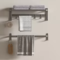 Wall Mounted Bathroom Shelf With Gray Towels And Wicker Basket Storage