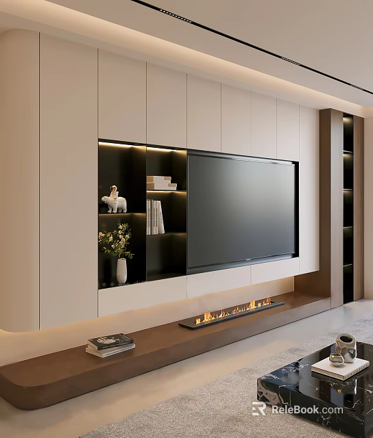 Modern TV Wall Design With Built in TV Shelves Decorative Items Green Plant And Fireplace 3d model 