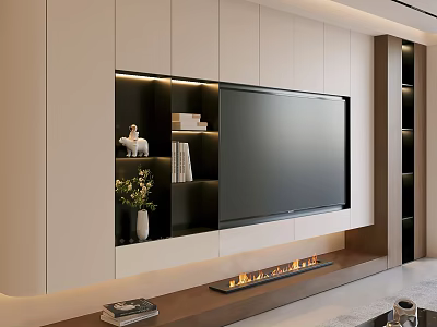 Modern TV Wall Design With Built in TV Shelves Decorative Items Green Plant And Fireplace 3d model