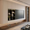 Modern TV Wall Design With Built in TV Shelves Decorative Items Green Plant And Fireplace