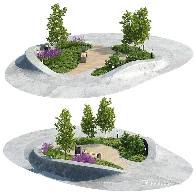 Lush Park Landscape With Curved Pathway Trees Bench Purple Flowers And Concrete Paving 3d model 
