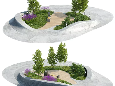 Lush Park Landscape With Curved Pathway Trees Bench Purple Flowers And Concrete Paving 3d model