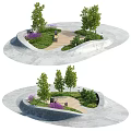Lush Park Landscape With Curved Pathway Trees Bench Purple Flowers And Concrete Paving