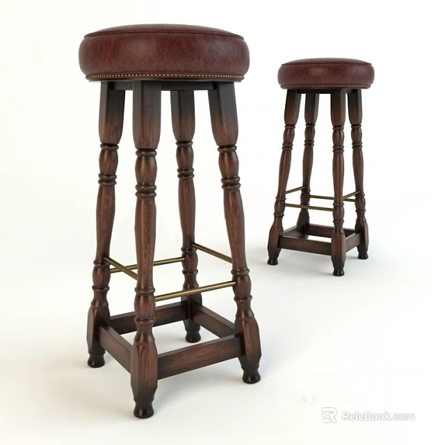 Classic Wooden Bar Stools With Brown Leather Seats Carved Legs And Metal Crossbar 3d model 