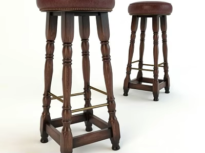Classic Wooden Bar Stools With Brown Leather Seats Carved Legs And Metal Crossbar 3d model