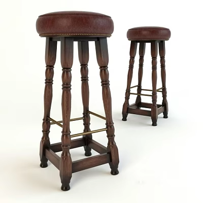 Classic Wooden Bar Stools With Brown Leather Seats Carved Legs And Metal Crossbar 3d model
