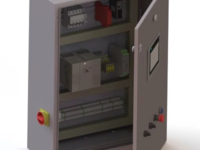 Industrial Electrical Control Cabinet With Open Door Internal Components And Control Panel 3d model