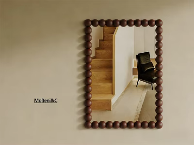 Modern Decorative Mirror With Brown Spherical Frame Reflects Wooden Stairs And Black Chair On Wall 3d model