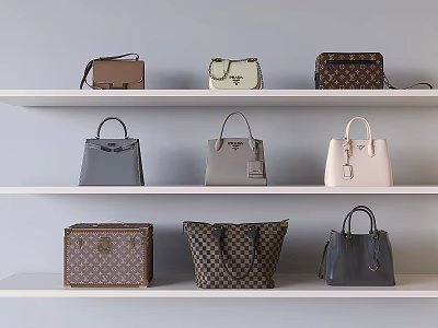 Stylish Leather Handbags Tote Bags And Suitcases In Various Styles On Shelf With Checkerboard Pattern 3d model