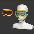 Yellow Goggles With Tinted Lenses On White Mannequin Head Dark Reflective Surface