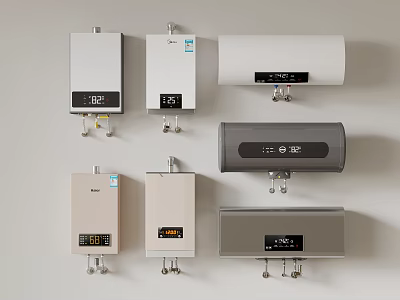 Various Wall Mounted Electric Water Heaters With Different Designs And Digital Displays As Home Appliances 3d model