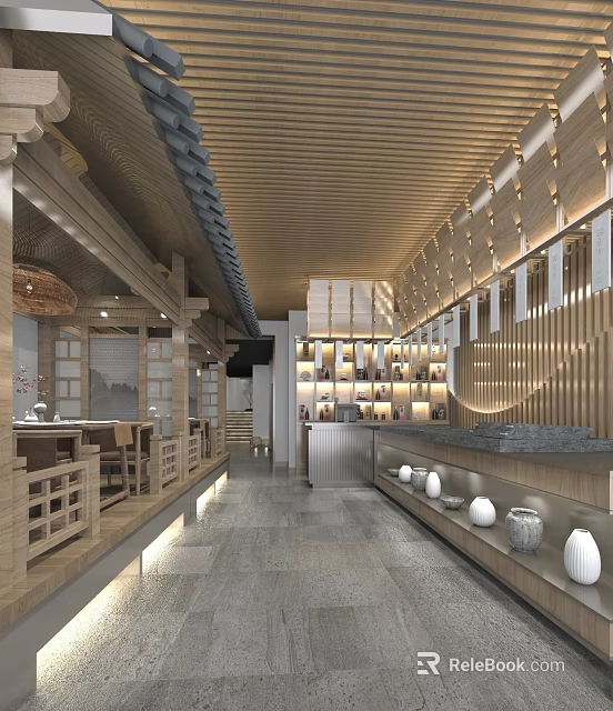 Modern Restaurant Interior With Wooden Ceiling Slatted Partitions Stone Bar And Bottle Shelves 3d model 