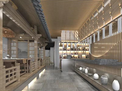 Modern Restaurant Interior With Wooden Ceiling Slatted Partitions Stone Bar And Bottle Shelves 3d model